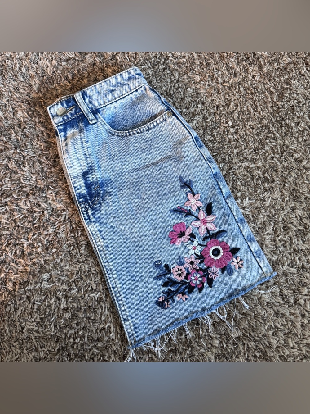 Francesca's Light Blue Denim Skirt with Pink Floral Embroidery
